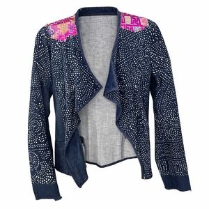 Dolan One of a Kind Cropped Denim Jacket Womens M Blue Polka Dot Embroidered